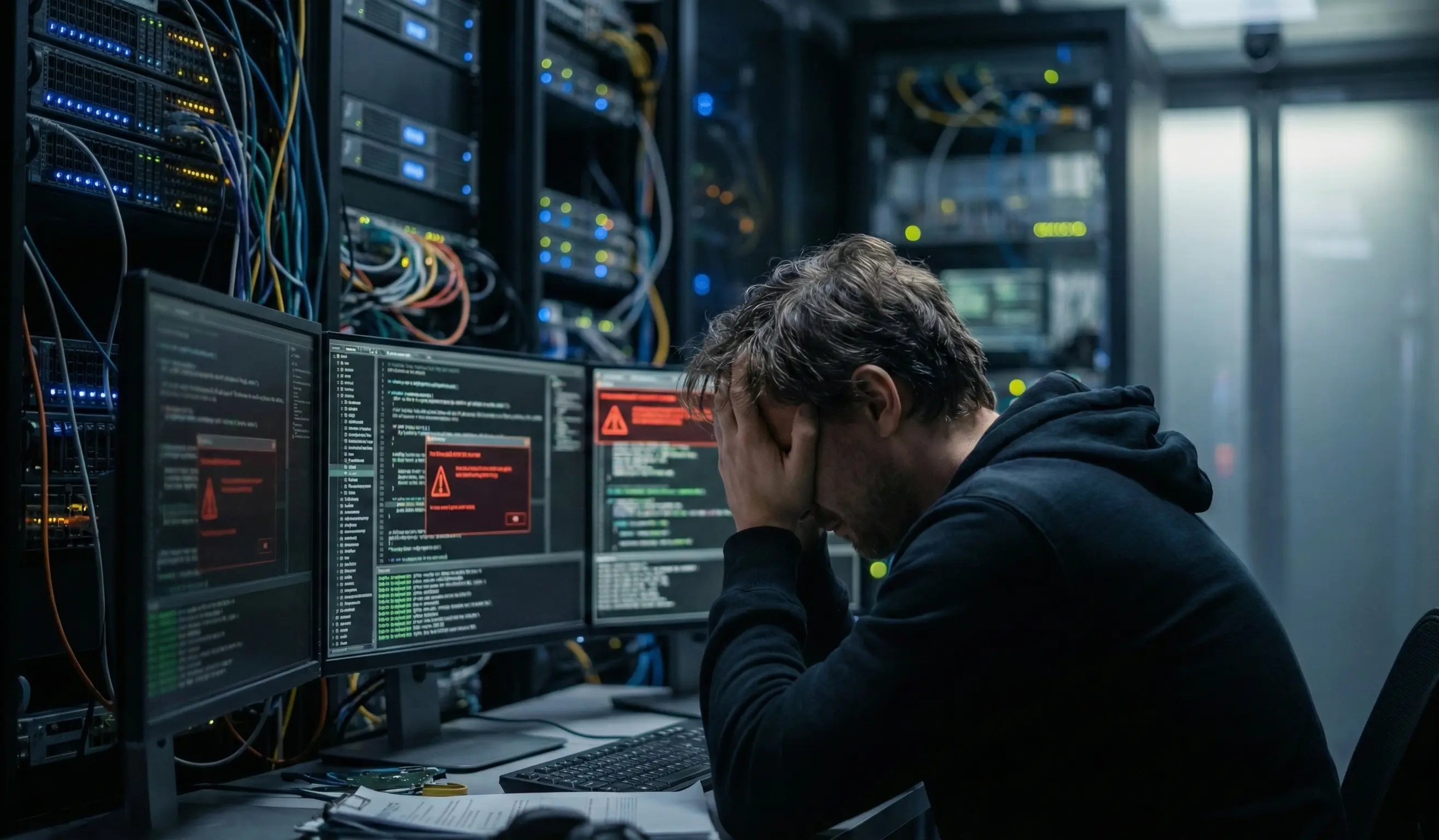 A man seated before multiple computer screens, managing a dedicated server setup in a tech-focused environment.