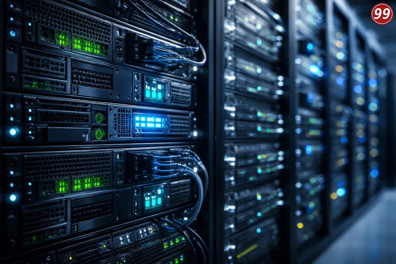  A row of dedicated servers in a data center, supporting an AI model for advanced data processing and storage.