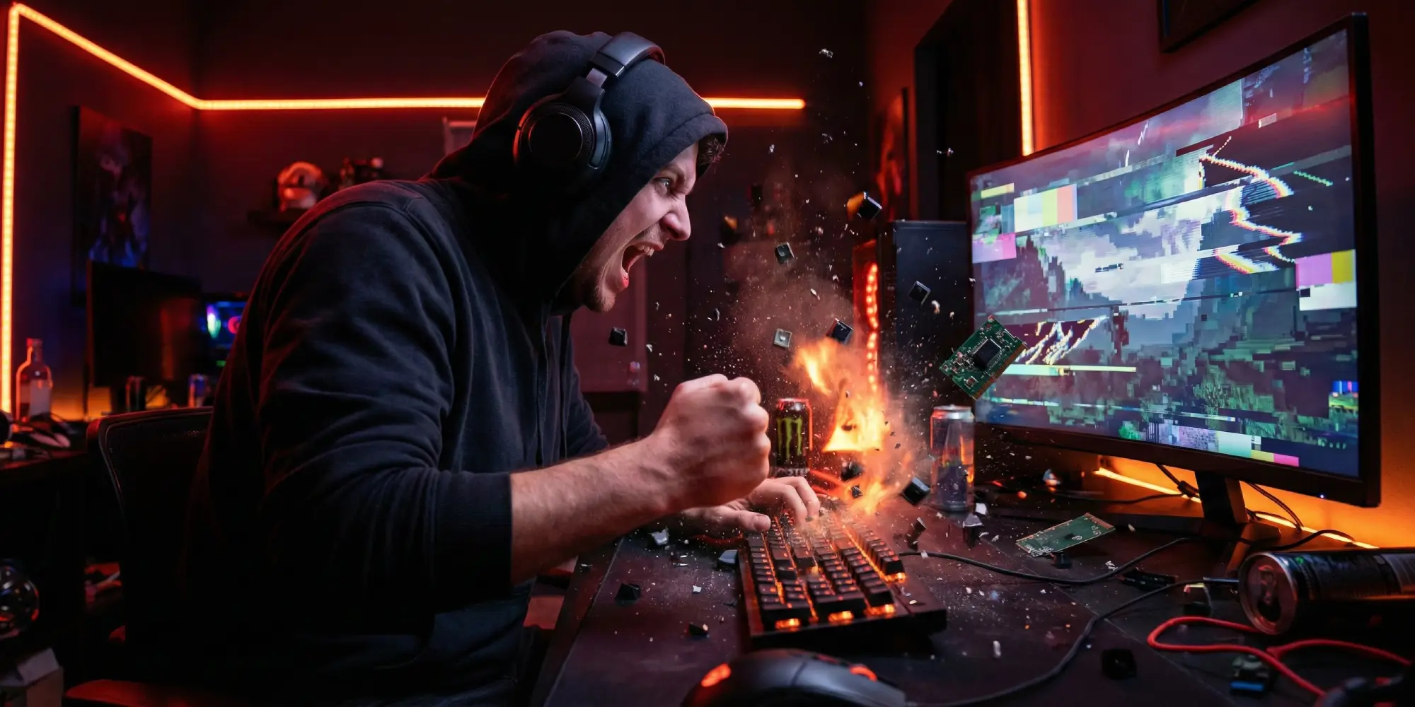  A man in a hoodie is focused on playing a video game, with a controller in hand and a screen in front of him.
