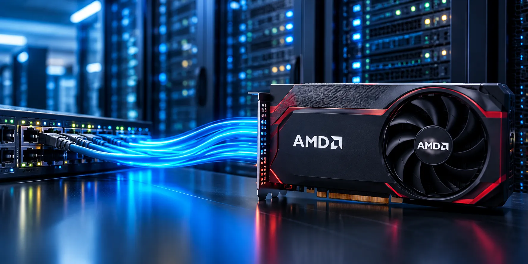 An AMD graphics card sits in a glowing blue data center as luminous streams of data flow past server racks, creating a sleek, high-tech atmosphere.